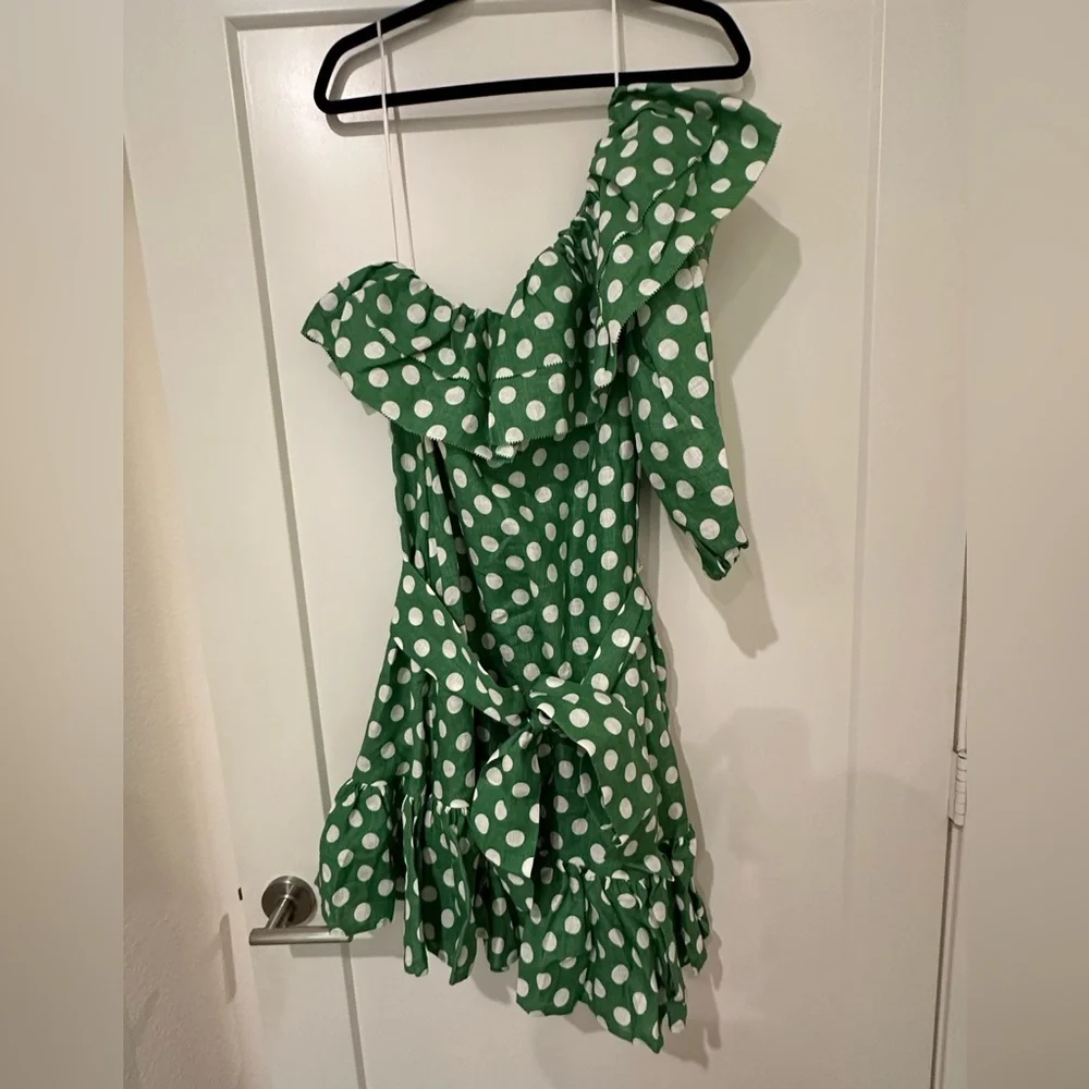 NWT Lisa Marie Fernandez Arden One Shoulder Linen Green & White Polka Dot Dress - Picture 3 of 10